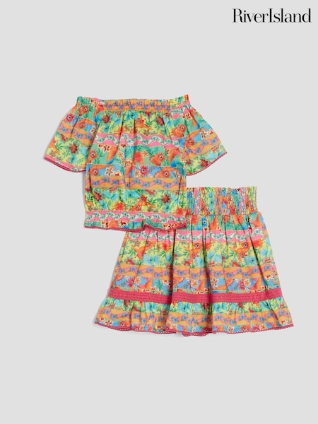 River Island Pink Girls Tropical Stripe Skirt Set (W55904) | £26