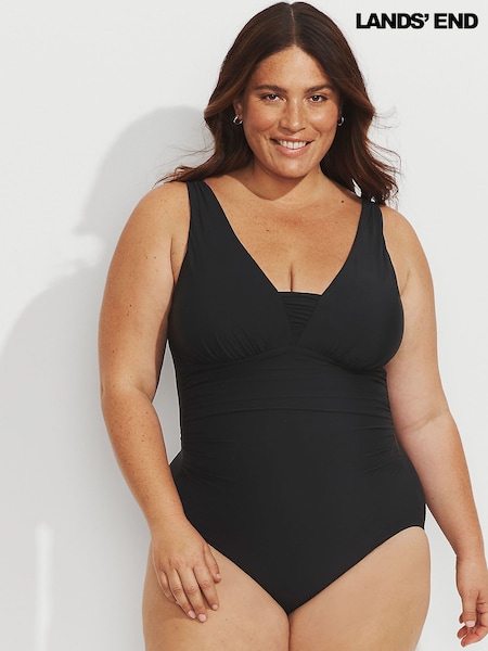 Lands' End Black Tummy Control V-Neck Ruched Swimsuit (W55990) | £120