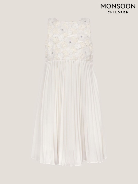 Monsoon White Delores Applique Floral Pleat Dress (W56027) | £65 - £75