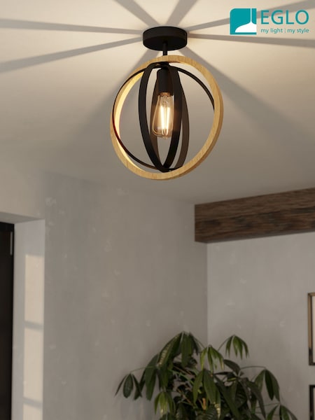 Eglo Black Brown Basildon Steel  Wood Modern Unique Design Ceiling Light (W56093) | £64