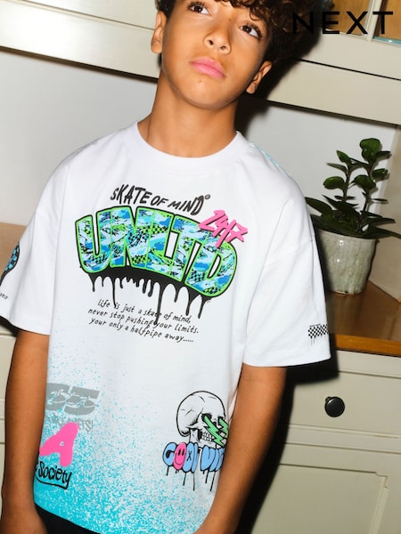 White Spray Graffiti Relaxed Fit Short Sleeve Graphic T-Shirt (3-16yrs) (W56123) | £9 - £12