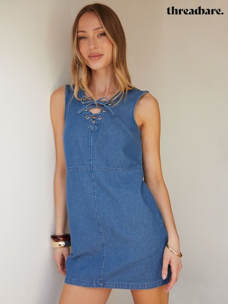 Threadbare Blue Lace Up Sleeveless Denim 100% Cotton Mini Summer Dress (W56170) | £34