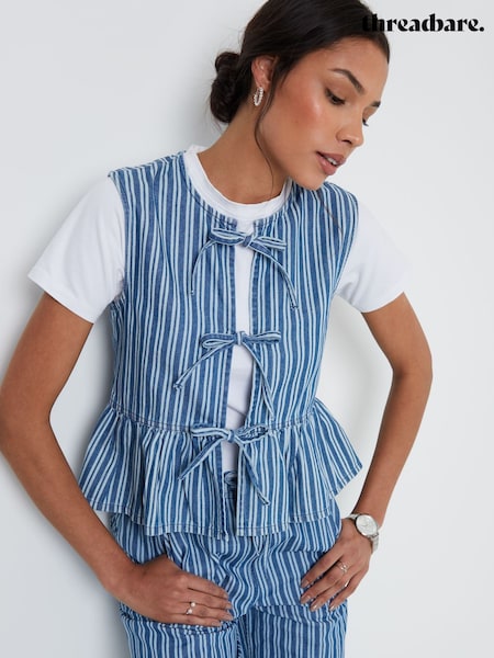 Threadbare Blue Striped Tie Front Denim Waistcoat (W56175) | £32
