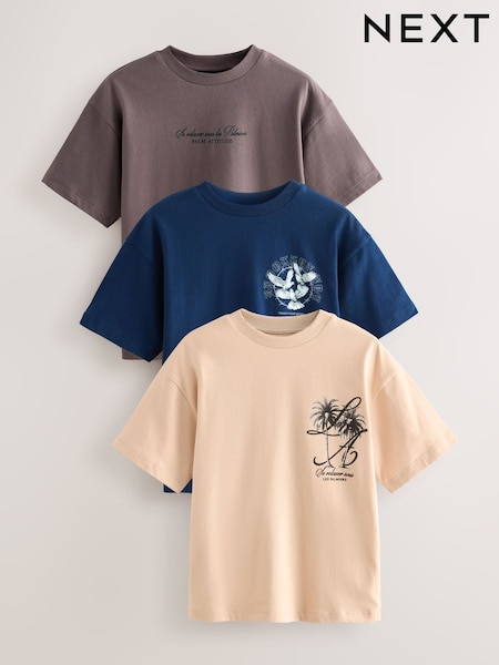Navy/Stone/Brown Relaxed Fit Graphic Print Short Sleeve T-Shirts 3 Pack (3-16yrs) (W56183) | £20 - £26