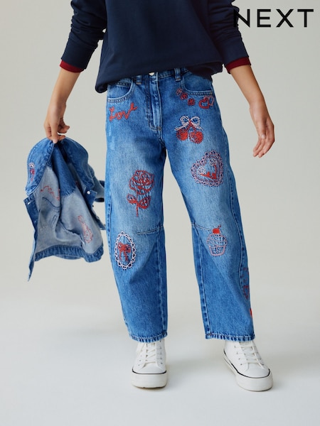 Mid Blue Embroidered Barrel Jeans (3-16yrs) (W56300) | £20 - £25