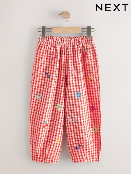 Gingham Pink Embroidered Pullon Barrel Trousers (3-16yrs) (W56323) | £17 - £22