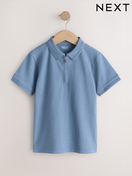 Blue Textured Short Sleeve Zip Neck Polo Shirt (3-16yrs) (W56327) | £12 - £17