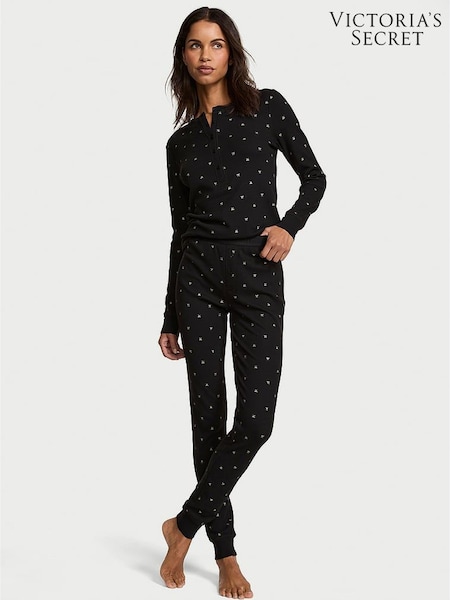 Victoria's Secret Black with Foil Christmas Bows Thermal Long Pyjamas Set (W56437) | £56