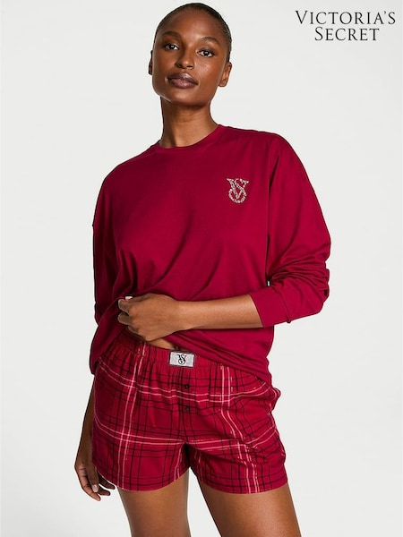 Victoria's Secret Red Lacquer Christmas Tartan Flannel Long Sleeve Short Pyjamas Set (W56448) | £46