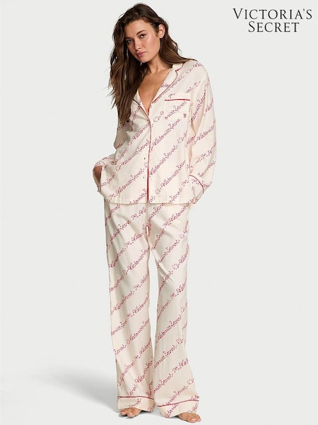 Victoria's Secret White & Red Christmas Candy Cane VS Script Flannel Long Pyjamas Set (W56449) | £60