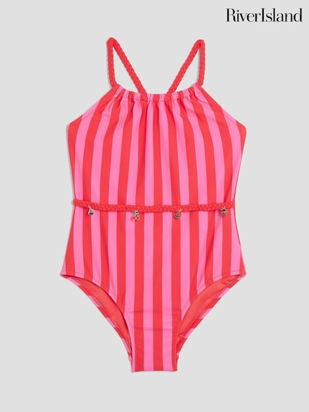 River Island Pink Girls Stripe Charm Belt Swimsuit (W56458) | £18