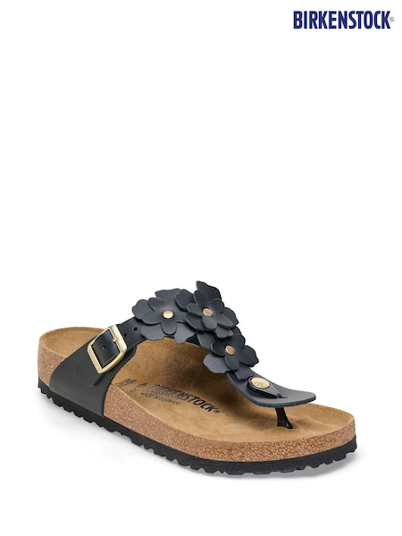 Birkenstock Black Gizeh Flowers Smooth Leather Sandals (W56517) | £125