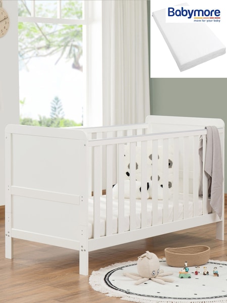 Babymore White Caro Urban Cot Bed with Fibre mattress (W56633) | £210