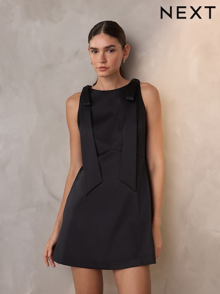 Black Satin Bow Shoulder Mini Dress (W56725) | £68