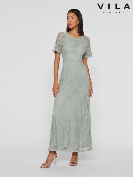 VILA Green Angel Short Sleeve Lace Maxi Occasion Dress (W56732) | £60