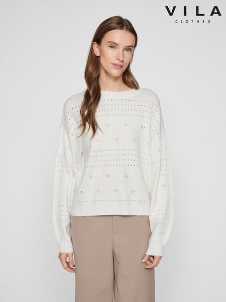 VILA White Long Sleeved Crochet Detail Knit Jumper (W56735) | £36
