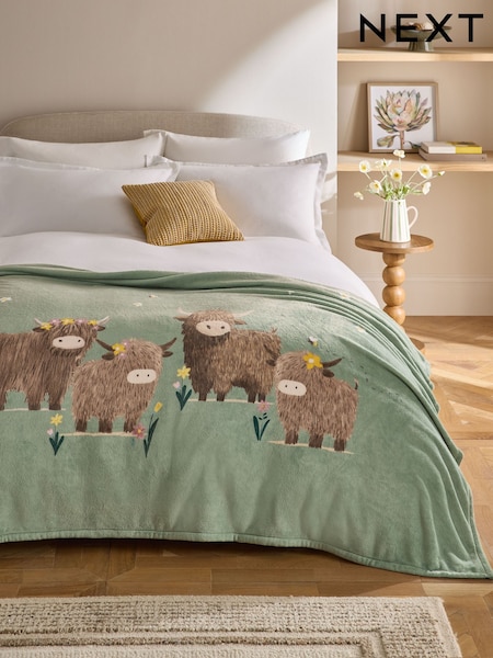 Sage Green Hamish The Highland Cow Spring Printed Fleece Throw (W56781) | £28 - £40