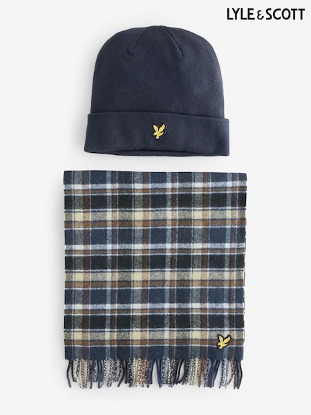 Lyle & Scott Blue Lambswool Blend Scarf and Beanie Set (W57034) | £65