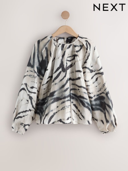 White/Black Zebra Print Volume Long Sleeve Blouse (W57126) | £29