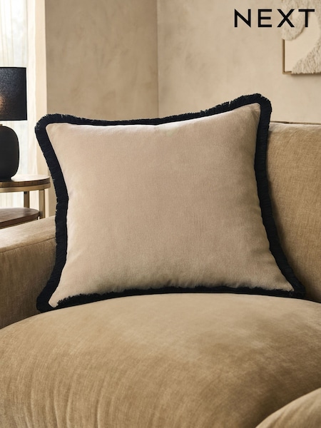 Stone Soft Velour Fringe Cushion (W57249) | £20
