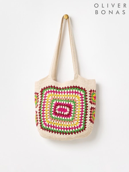 Oliver Bonas Cream Rectangular Granny Square Crochet Tote Bag (W57272) | £32