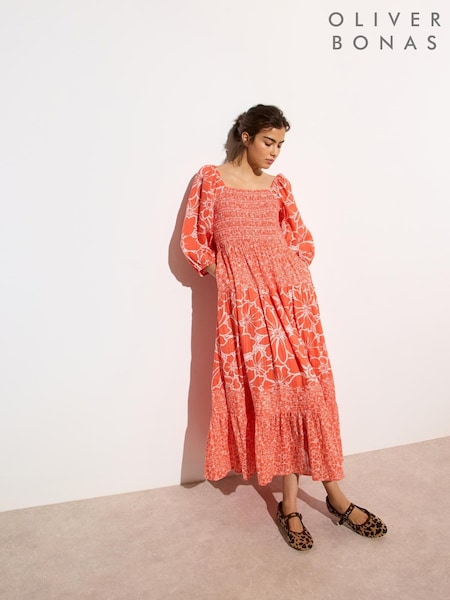 Oliver Bonas Orange Floral Print Puff Sleeve Midi Dress (W57281) | £85