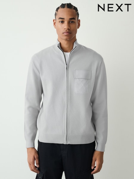 Light Grey Regular Fit Premium Mid Weight Zip Through Cardigan (W57446) | £52