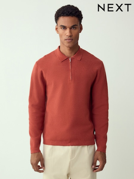 Burnt Orange Zip Neck Regular Fit Premium Mid Weight Long Sleeve Knit Polo Shirt (W57450) | £36