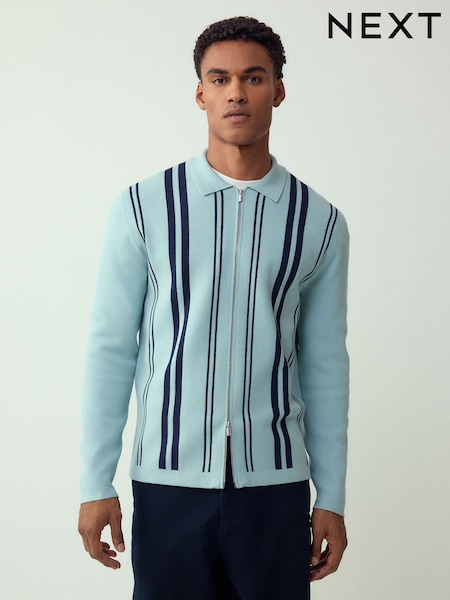 Light Blue Regular Fit Premium Mid Weight Stripe Zip Through Cardigan (W57452) | £48