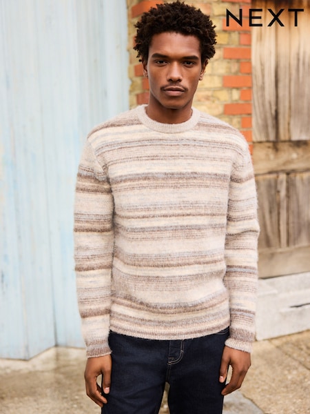 Neutral Regular Fit Space Dye Stripe Crew Jumper with Wool (W57453) | £38