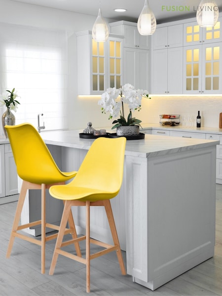 Fusion Living Yellow Soho Plastic Bar Stool with Dark Wood Legs (W57525) | £194