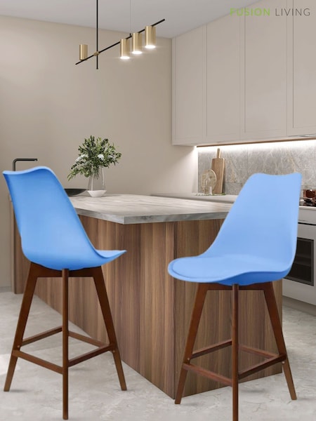 Fusion Living Blue Soho Plastic Bar Stool with Dark Wood Legs (W57567) | £194