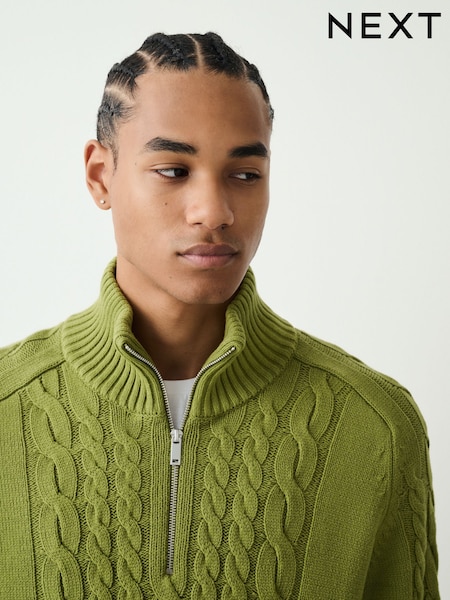 Olive Green Regular Fit Cotton Rich Cable Quarter Zip Neck Jumper (W57575) | £50
