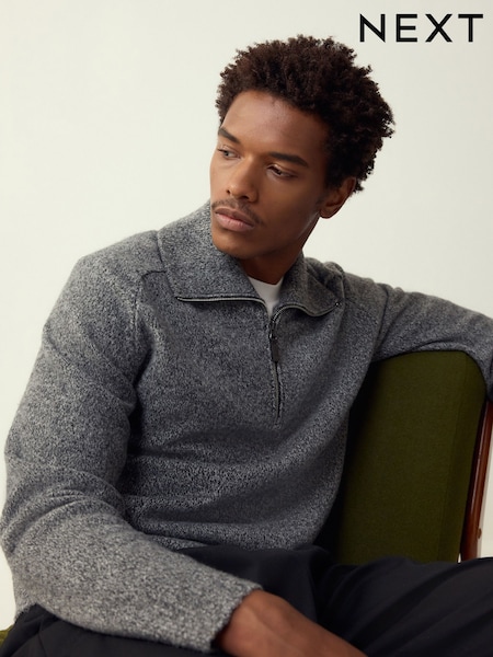 Charcoal Grey Regular Fit Cosy Quarter Zip Neck Jumper with Wool (W57586) | £38