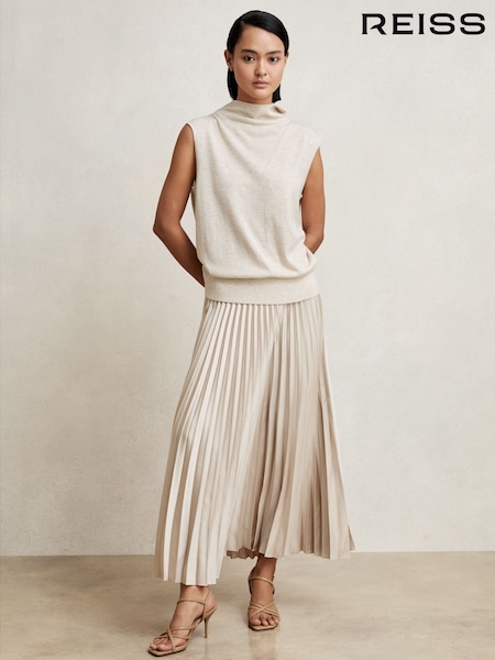 Reiss Champagne Neutral Seren Pleated Midi Skirt (W57762) | £158