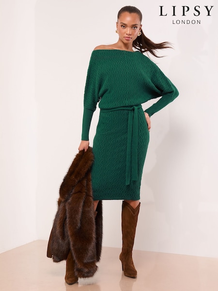 Lipsy Dark Green Petite Slash Neck Belted Blouson Cable Knitted Midi Dress (W57991) | £58