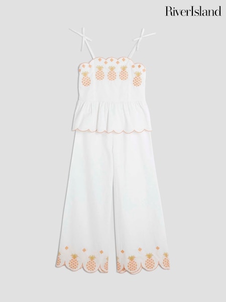 River Island White Girls Pineapple 100% Cotton Cami and Trousers Set (W58018) | £30
