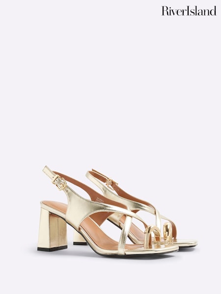 River Island Gold Cross Strap Toe Clip Heeled Sandals (W58134) | £40