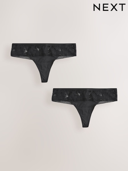 Black Thong Microfibre and Lace Knickers 2 Pack (W58163) | £14