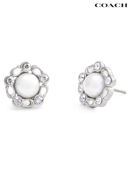 COACH Silver Tone Signature Heritage Pearl Stud Earrings (W58232) | £75