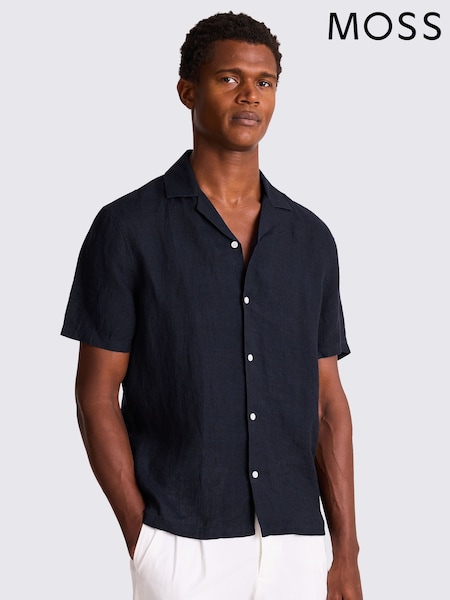 MOSS Blue Cuban Collar 100% Linen Shirt (W58271) | £0