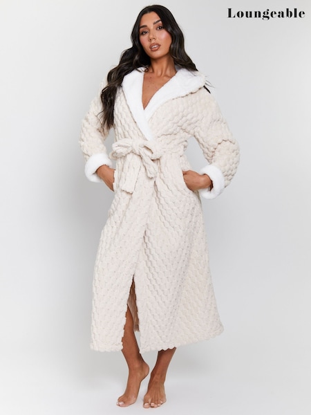 Loungeable Cream Geometric Luxury Fleece Hooded Maxi Dressing Gown (W58611) | £34