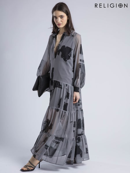 Religion Grey 100% Cotton Cala Tiered Boho Maxi Dress In Abstract Print (W58701) | £115