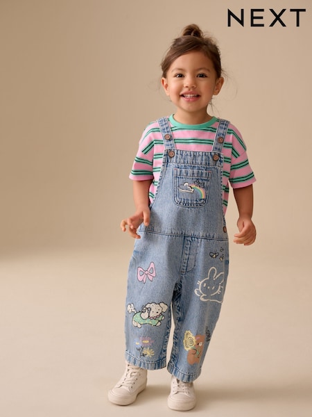 Mid Blue Cat Printed Denim Dungarees (3mths-7yrs) (W58861) | £27 - £31