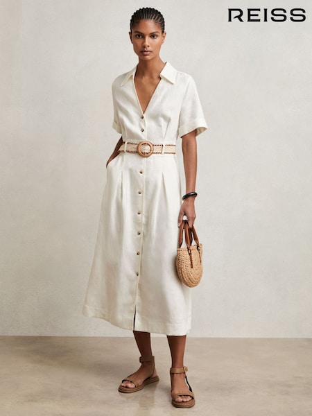Reiss Ivory Anita Petite Linen Belted Midi Shirt Dress (W58943) | £198