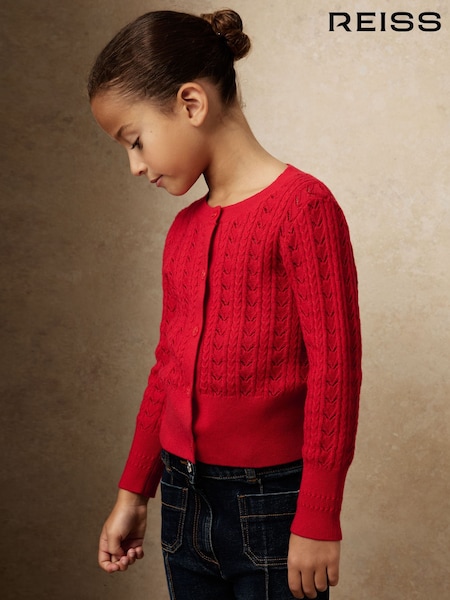 Reiss Red Flo Wool-Cotton Pointelle Cardigan (W58960) | £47