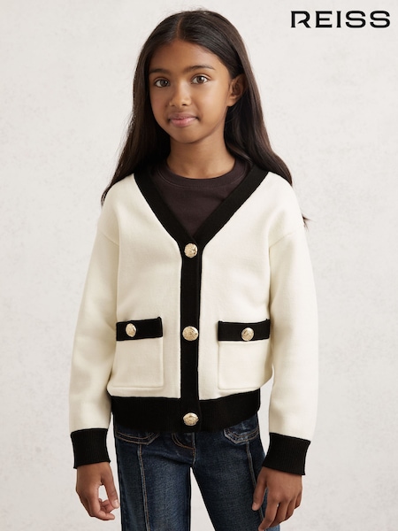 Reiss Ecru Mila Tipped V-Neck Cardigan (W58971) | £52