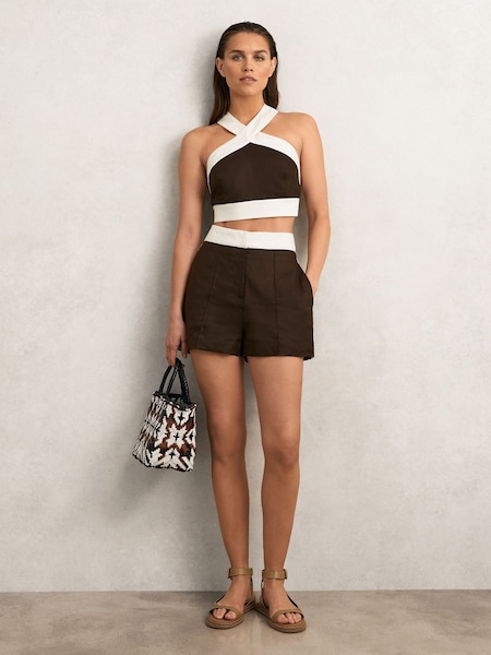 Reiss Chocolate/Cream Rebecca Linen Colourblock Shorts (W58975) | £98