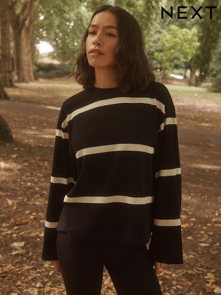 Black/Ecru Stripe Relaxed Long Sleeve Crew Neck T-Shirt (W59184) | £16