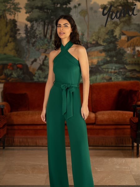 Yumi Green Cross Over Halter Neck Jumpsuit (W59243) | £50